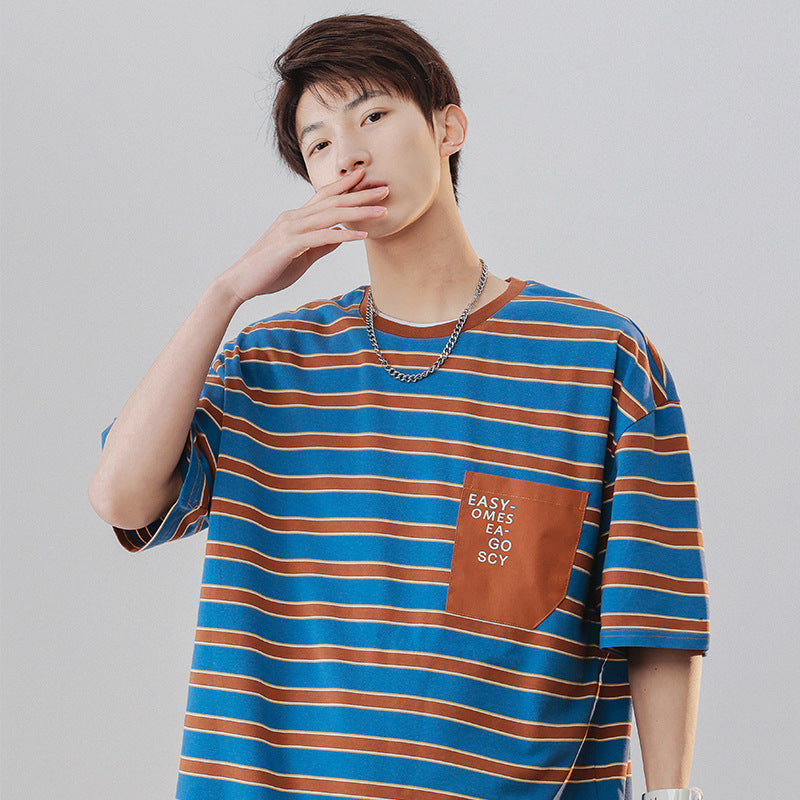 Mariner Shirt Navy-Striped Shirt Cotton Short-Sleeved T-shirt Men and Women Loose Retro Stripes