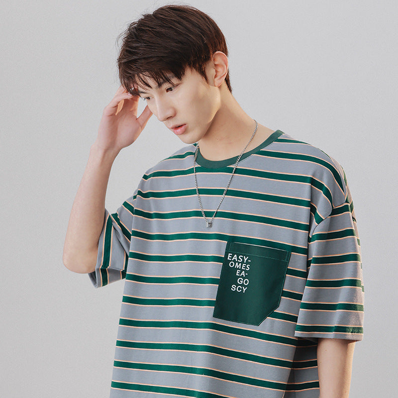 Mariner Shirt Navy-Striped Shirt Cotton Short-Sleeved T-shirt Men and Women Loose Retro Stripes