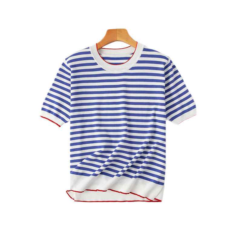 Mariner Shirt Contrast Color Striped Short-Sleeved T-shirt Women's Ice Cotton Knitwear Navy-Striped Shirt