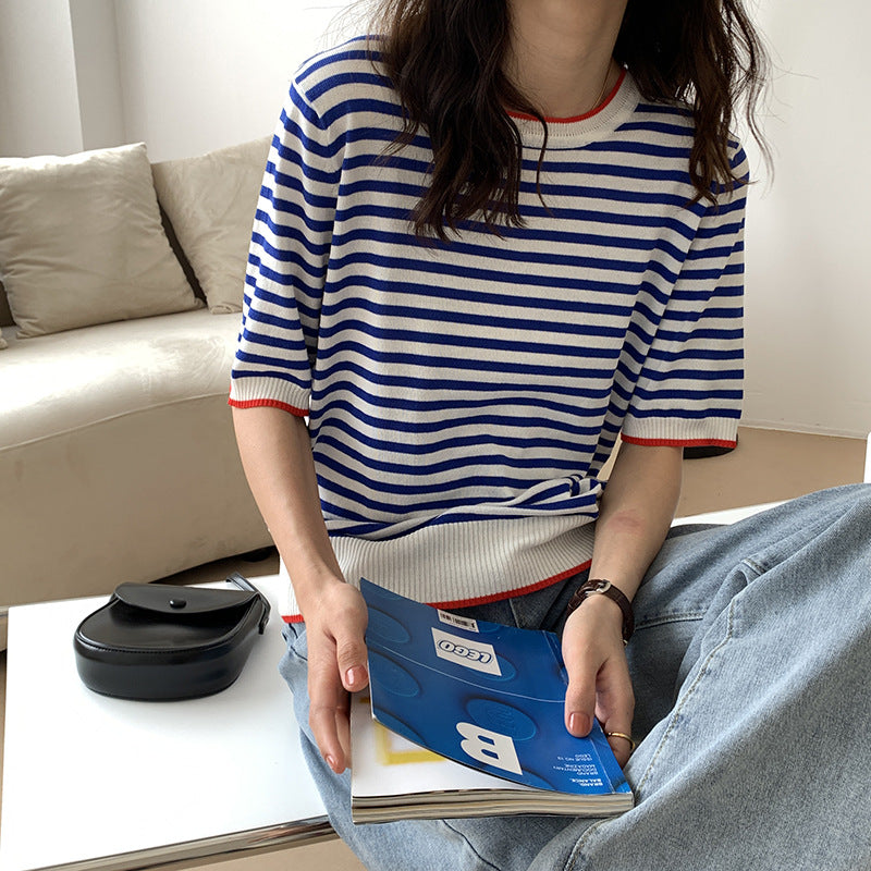 Mariner Shirt Contrast Color Striped Short-Sleeved T-shirt Women's Ice Cotton Knitwear Navy-Striped Shirt