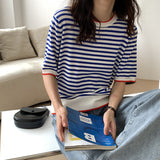 Mariner Shirt Contrast Color Striped Short-Sleeved T-shirt Women's Ice Cotton Knitwear Navy-Striped Shirt