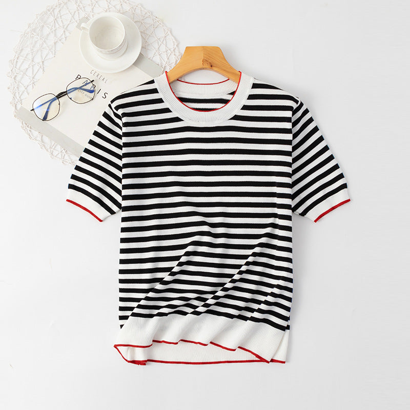 Mariner Shirt Contrast Color Striped Short-Sleeved T-shirt Women's Ice Cotton Knitwear Navy-Striped Shirt