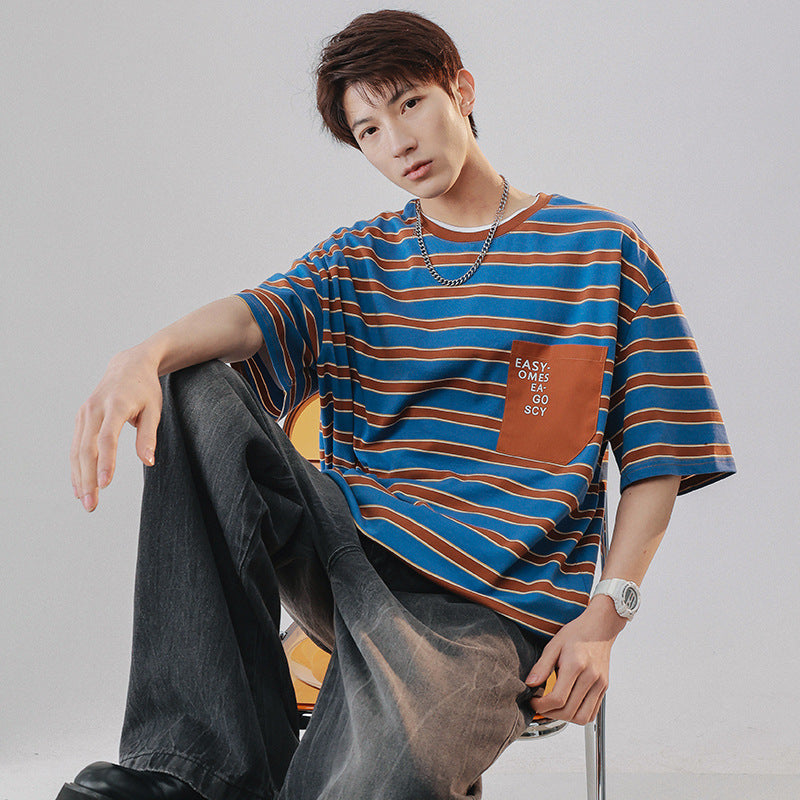 Mariner Shirt Navy-Striped Shirt Cotton Short-Sleeved T-shirt Men and Women Loose Retro Stripes