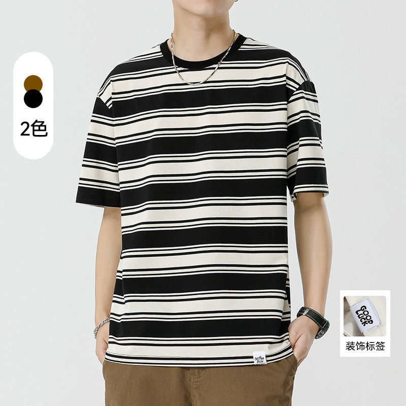 Mariner Shirt Summer Striped Short-Sleeved Shirt Versatile Simple Retro Boys round Neck T-shirt