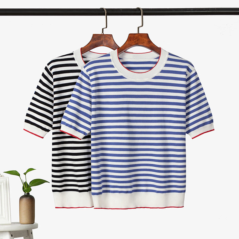 Mariner Shirt Contrast Color Striped Short-Sleeved T-shirt Women's Ice Cotton Knitwear Navy-Striped Shirt