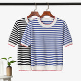 Mariner Shirt Contrast Color Striped Short-Sleeved T-shirt Women's Ice Cotton Knitwear Navy-Striped Shirt