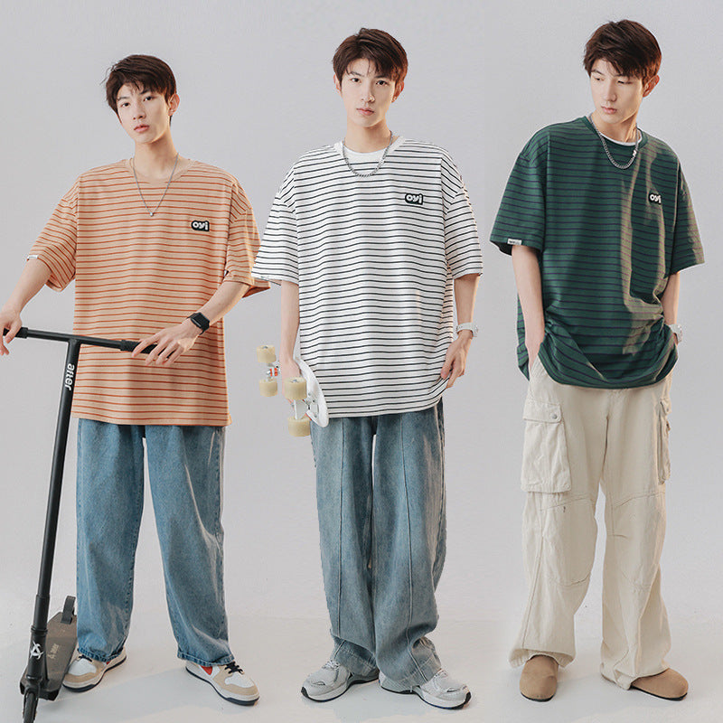 Mariner Shirt round Neck Short Sleeve T-shirt Striped Navy-Striped Shirt Loose Student Casual All-Match