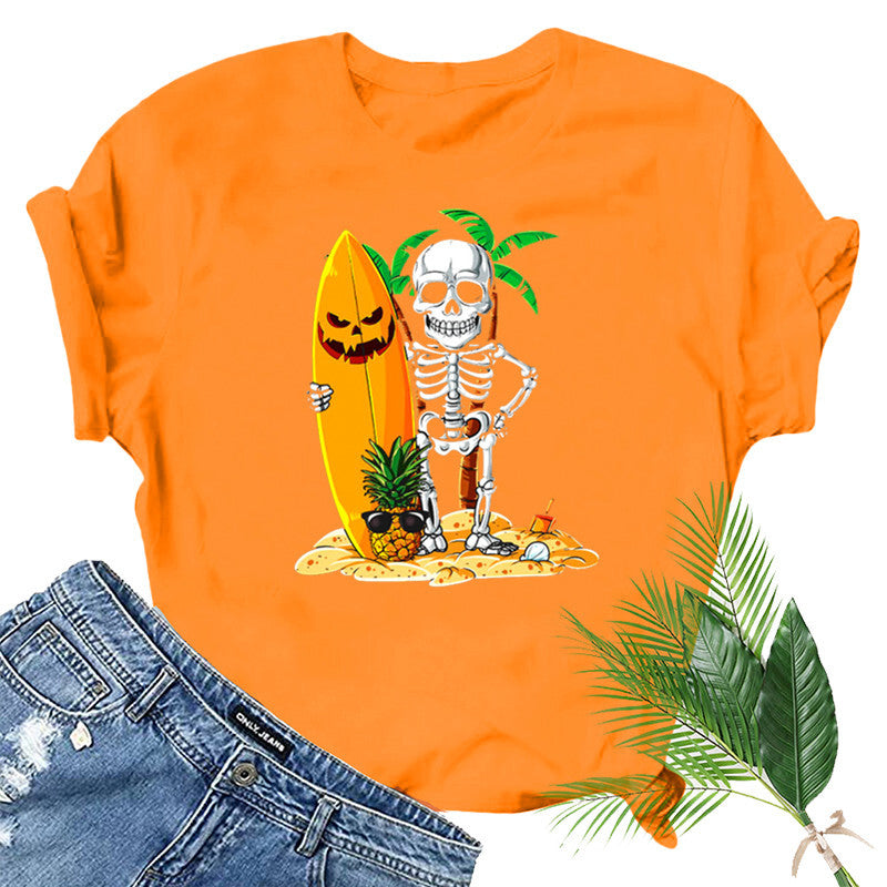 Halloween Costumes Skull Pumpkin Smiley Face Printed Short Sleeve T-shirt round Neck