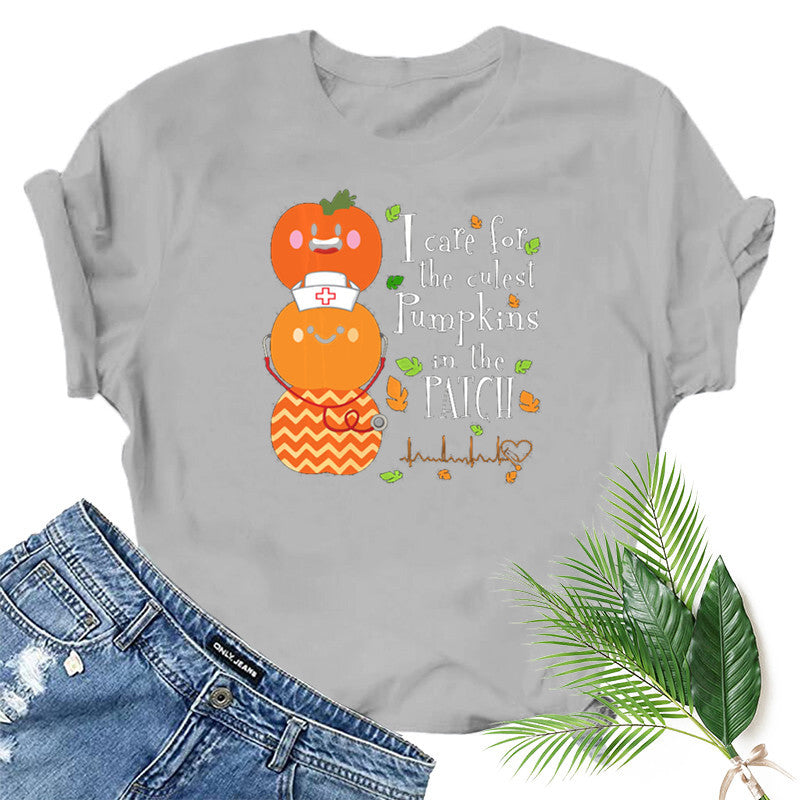 Halloween Costumes Pumpkin Smiley Face Nurse Fun Pattern Printed Short Sleeve T-shirt