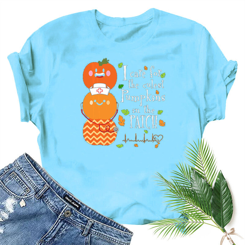 Halloween Costumes Pumpkin Smiley Face Nurse Fun Pattern Printed Short Sleeve T-shirt