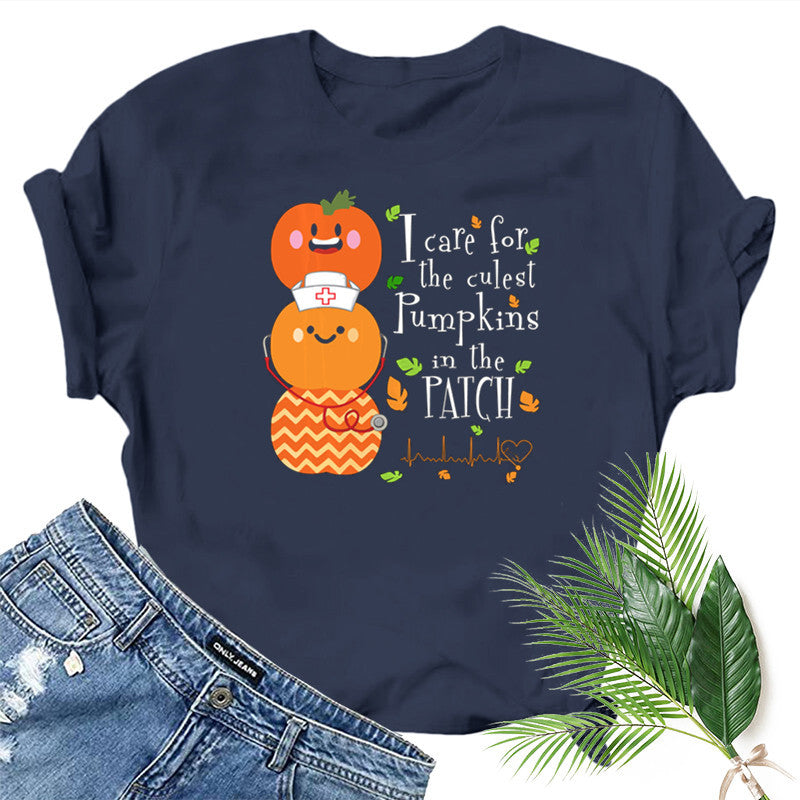 Halloween Costumes Pumpkin Smiley Face Nurse Fun Pattern Printed Short Sleeve T-shirt