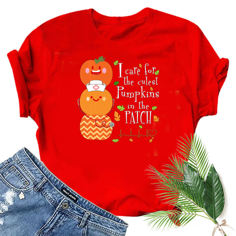 Halloween Costumes Pumpkin Smiley Face Nurse Fun Pattern Printed Short Sleeve T-shirt