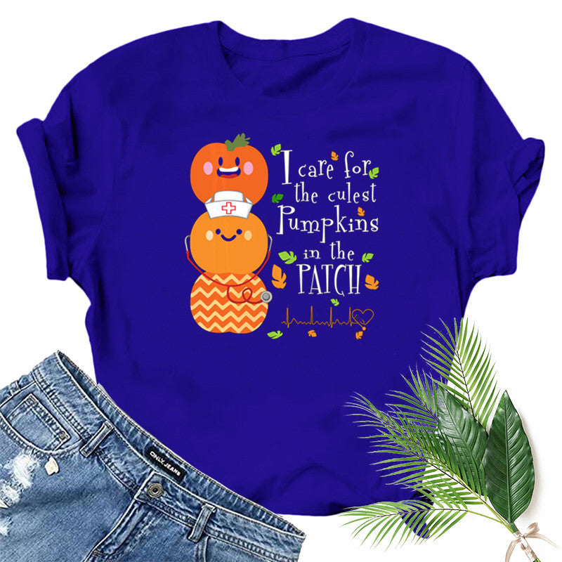 Halloween Costumes Pumpkin Smiley Face Nurse Fun Pattern Printed Short Sleeve T-shirt