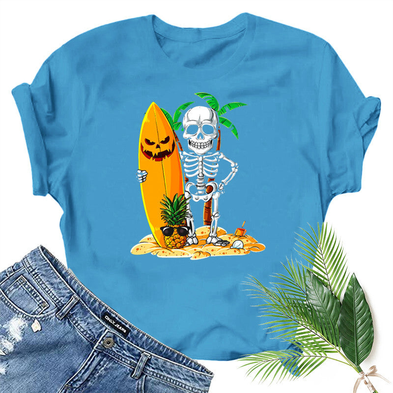 Halloween Costumes Skull Pumpkin Smiley Face Printed Short Sleeve T-shirt round Neck
