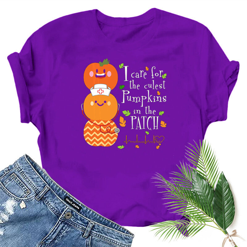 Halloween Costumes Pumpkin Smiley Face Nurse Fun Pattern Printed Short Sleeve T-shirt