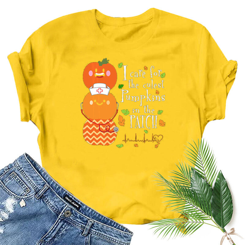 Halloween Costumes Pumpkin Smiley Face Nurse Fun Pattern Printed Short Sleeve T-shirt