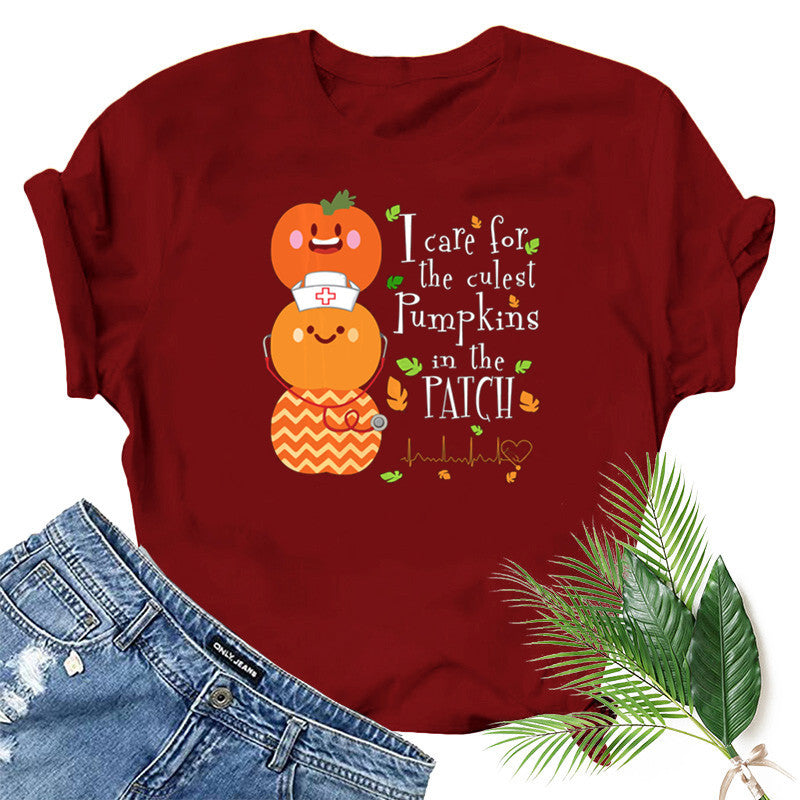 Halloween Costumes Pumpkin Smiley Face Nurse Fun Pattern Printed Short Sleeve T-shirt