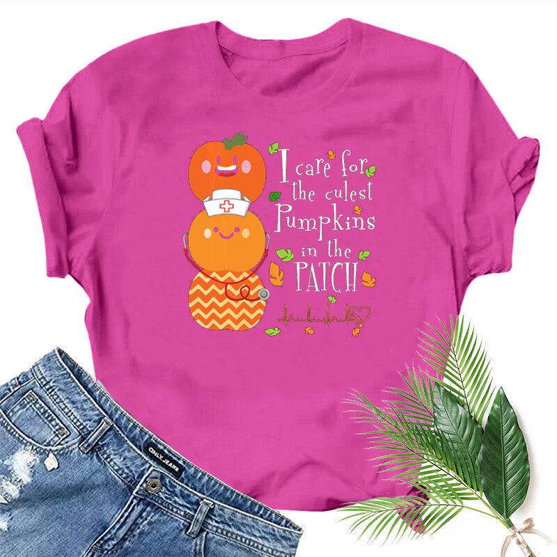 Halloween Costumes Pumpkin Smiley Face Nurse Fun Pattern Printed Short Sleeve T-shirt