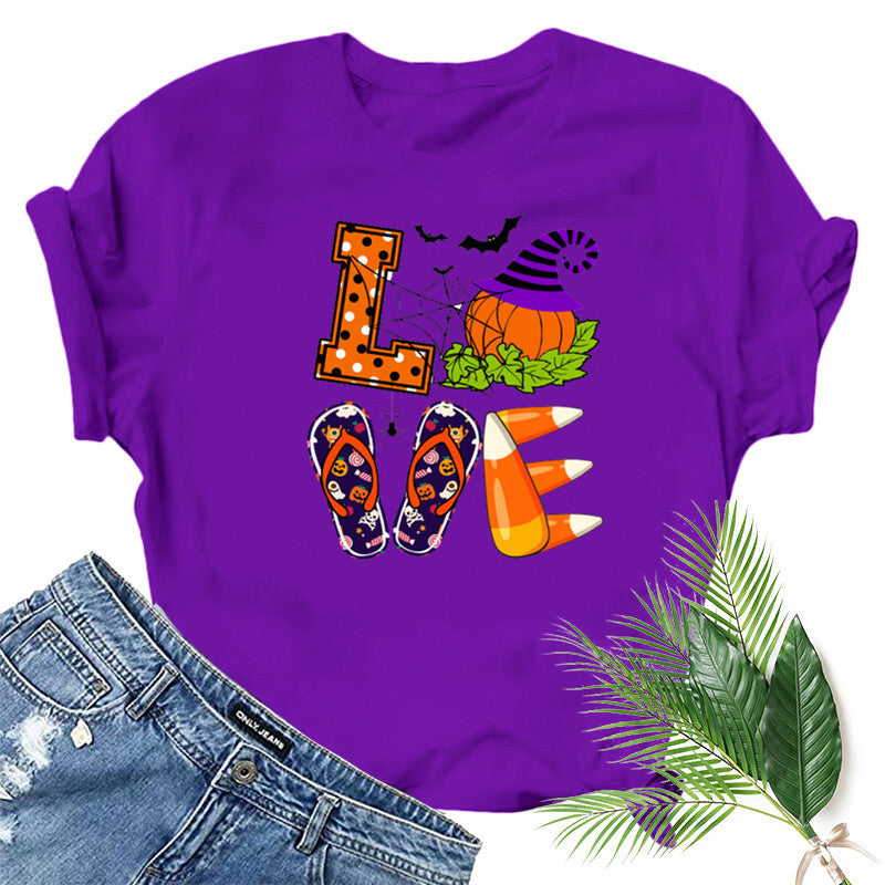 Halloween Costumes Love Pumpkin Fun Pattern Printed Short Sleeve T-shirt
