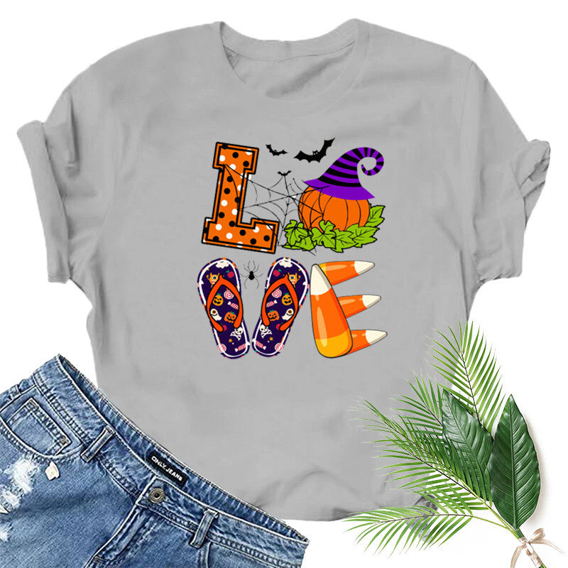 Halloween Costumes Love Pumpkin Fun Pattern Printed Short Sleeve T-shirt