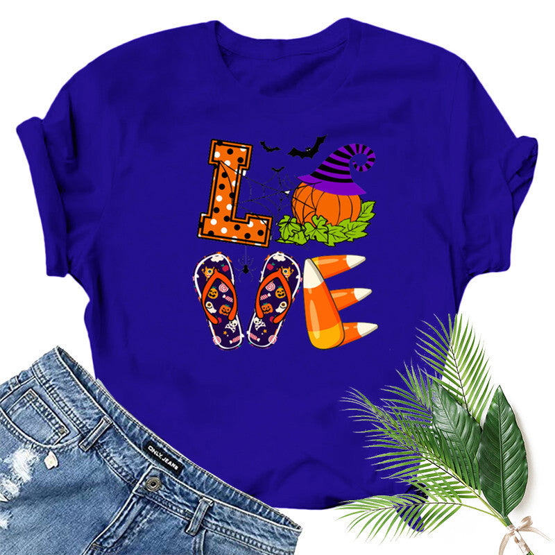 Halloween Costumes Love Pumpkin Fun Pattern Printed Short Sleeve T-shirt