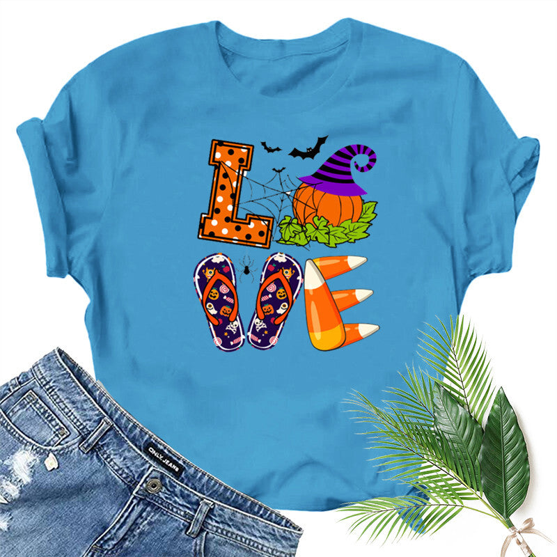 Halloween Costumes Love Pumpkin Fun Pattern Printed Short Sleeve T-shirt