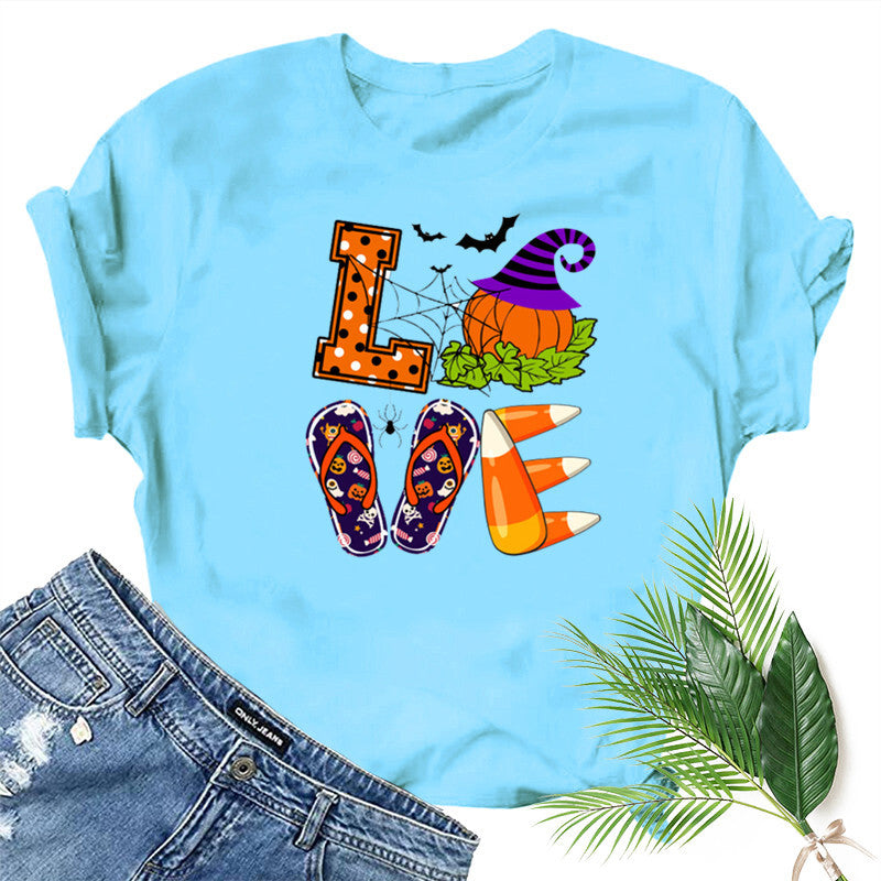 Halloween Costumes Love Pumpkin Fun Pattern Printed Short Sleeve T-shirt