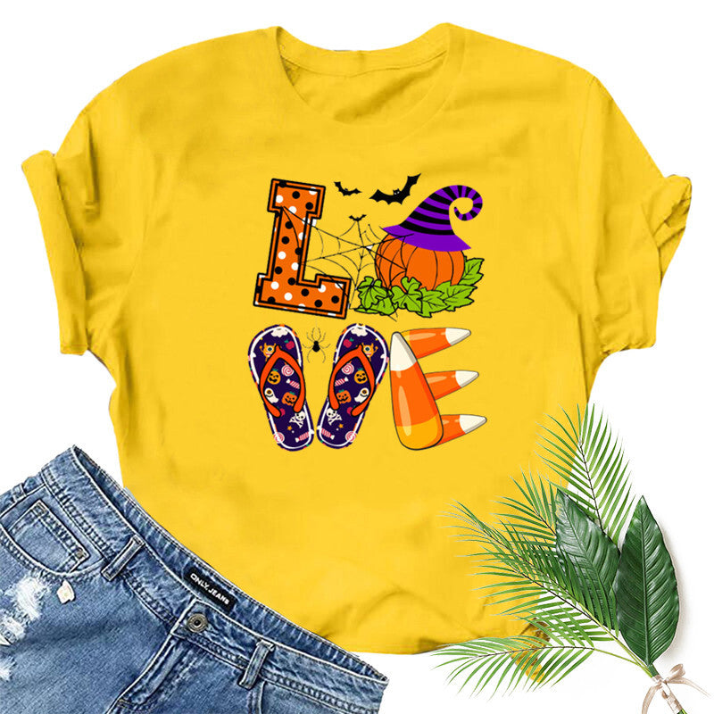 Halloween Costumes Love Pumpkin Fun Pattern Printed Short Sleeve T-shirt
