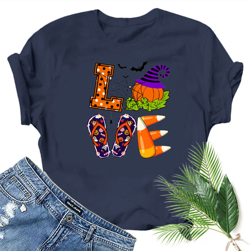 Halloween Costumes Love Pumpkin Fun Pattern Printed Short Sleeve T-shirt