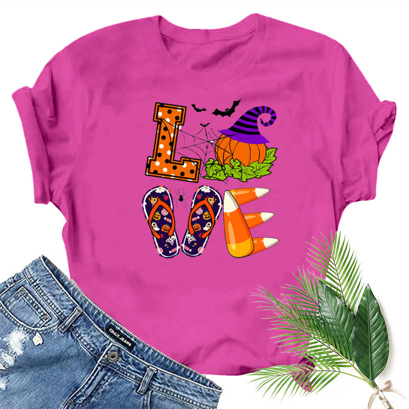 Halloween Costumes Love Pumpkin Fun Pattern Printed Short Sleeve T-shirt