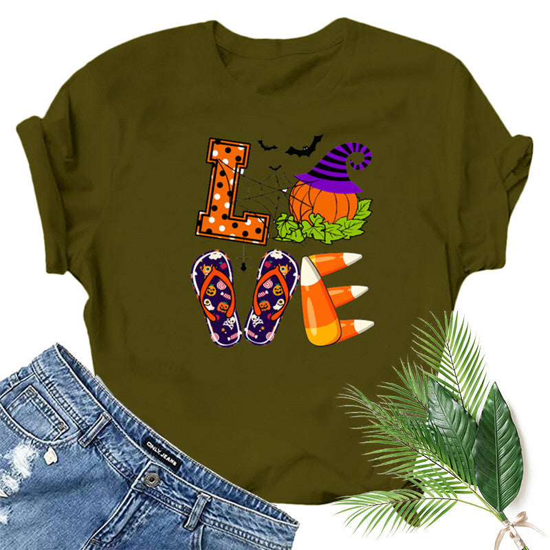 Halloween Costumes Love Pumpkin Fun Pattern Printed Short Sleeve T-shirt
