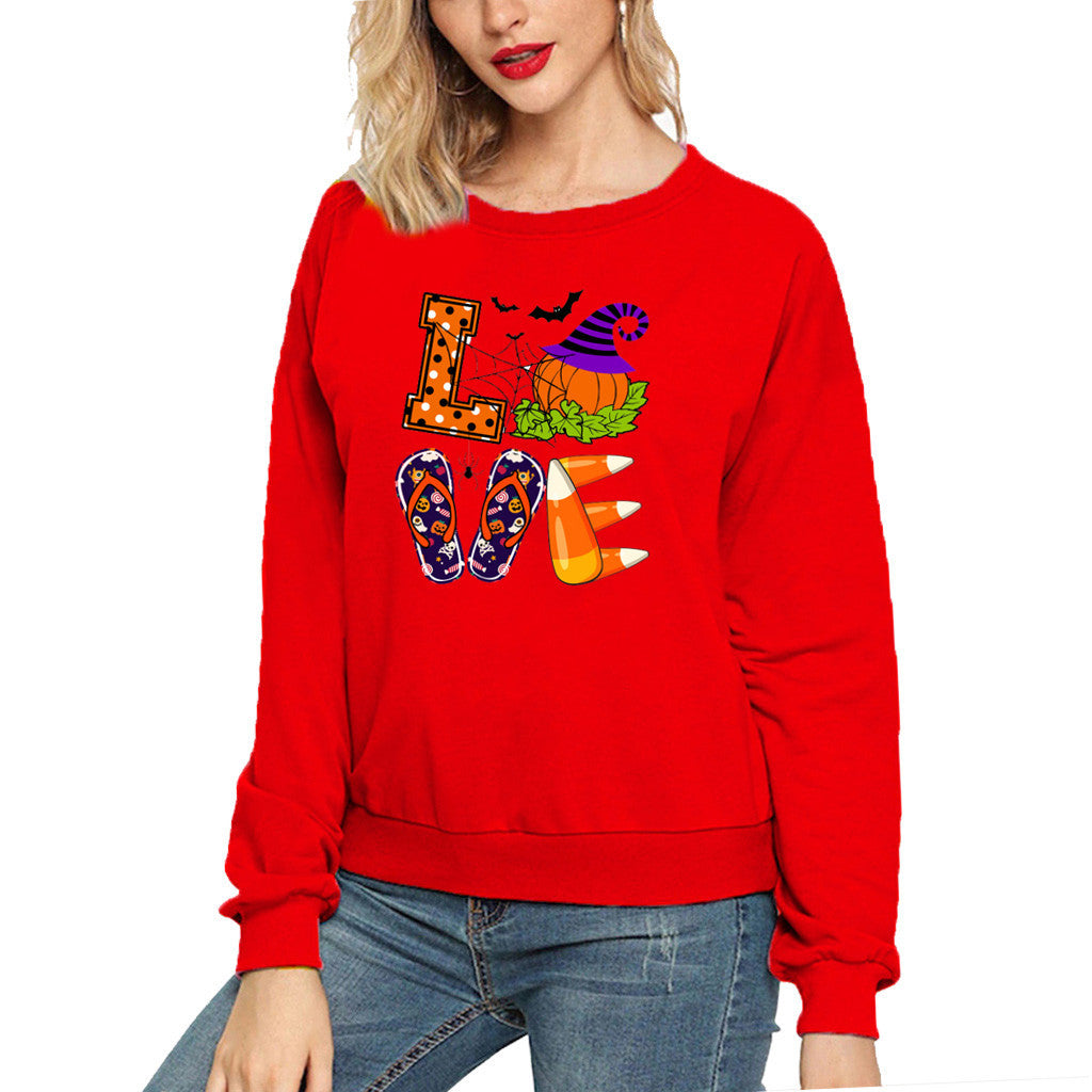 Halloween Costumes Love Fun Pattern Printed Long Sleeve Capless round Neck Sweater