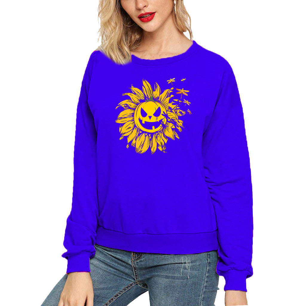 Halloween Costumes Sunflower Pumpkin Smiley Face Printed Long Sleeve Capless round Neck Sweater