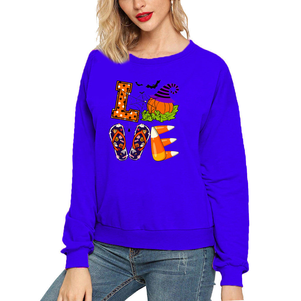 Halloween Costumes Love Fun Pattern Printed Long Sleeve Capless round Neck Sweater