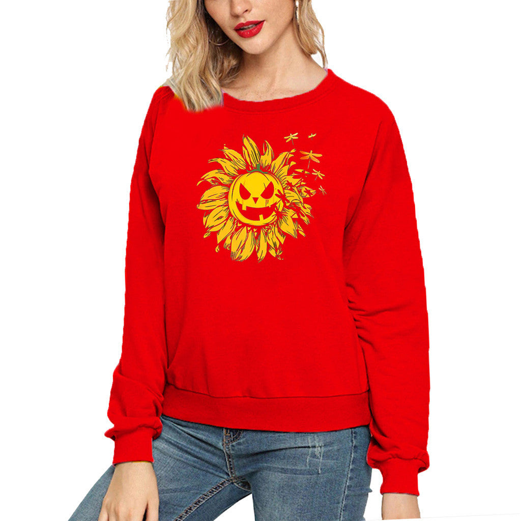 Halloween Costumes Sunflower Pumpkin Smiley Face Printed Long Sleeve Capless round Neck Sweater