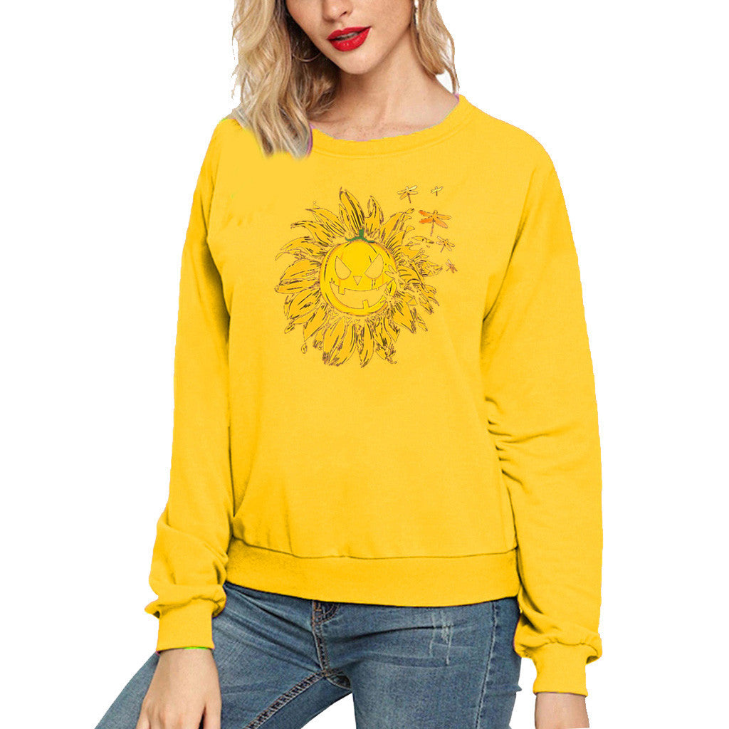 Halloween Costumes Sunflower Pumpkin Smiley Face Printed Long Sleeve Capless round Neck Sweater