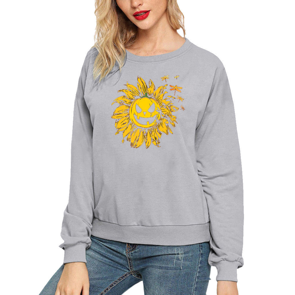 Halloween Costumes Sunflower Pumpkin Smiley Face Printed Long Sleeve Capless round Neck Sweater