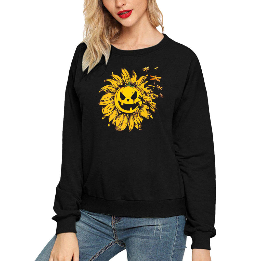 Halloween Costumes Sunflower Pumpkin Smiley Face Printed Long Sleeve Capless round Neck Sweater