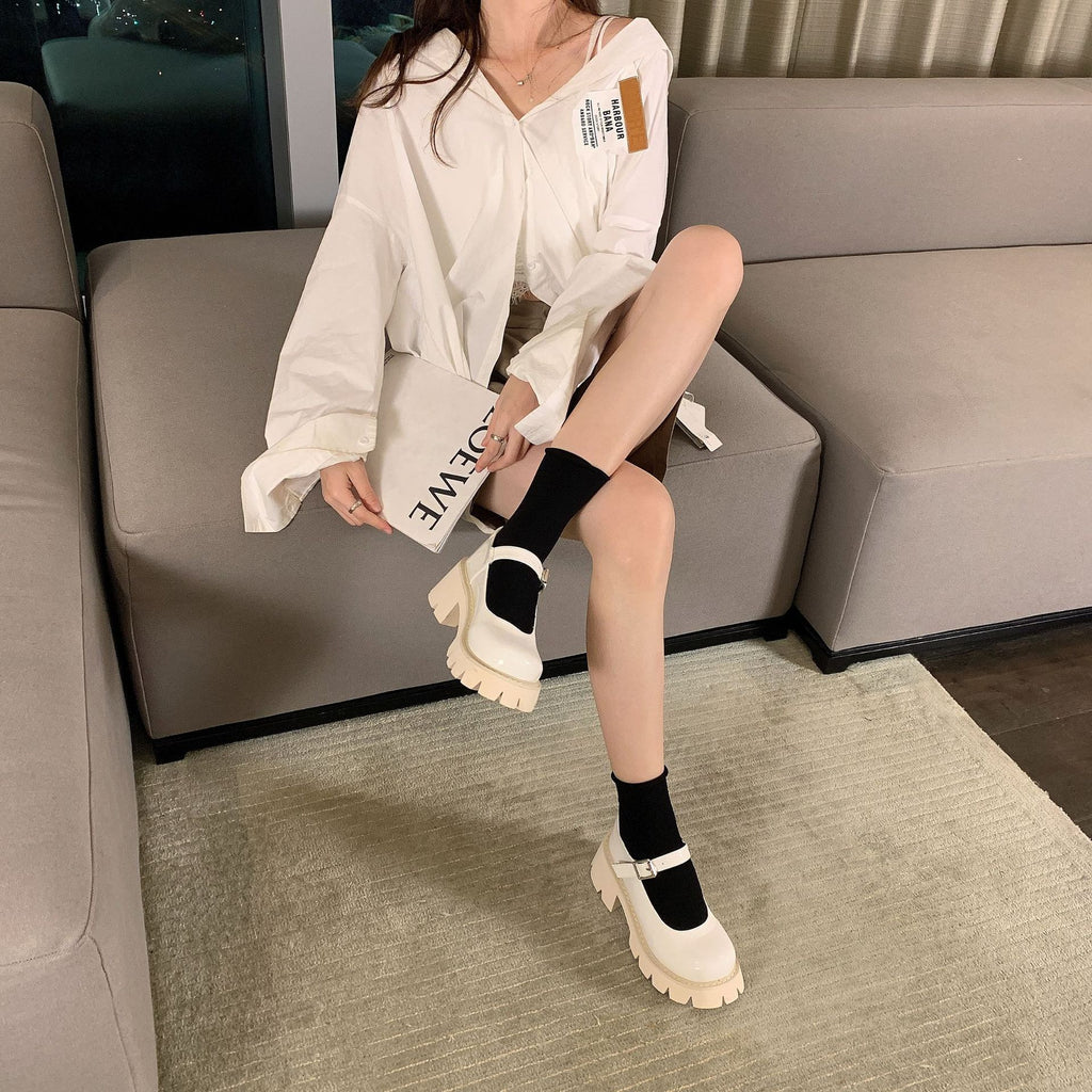 Platform Heels for Women Chunky Heel Platform Slimming Retro Small Leather Shoes for Women