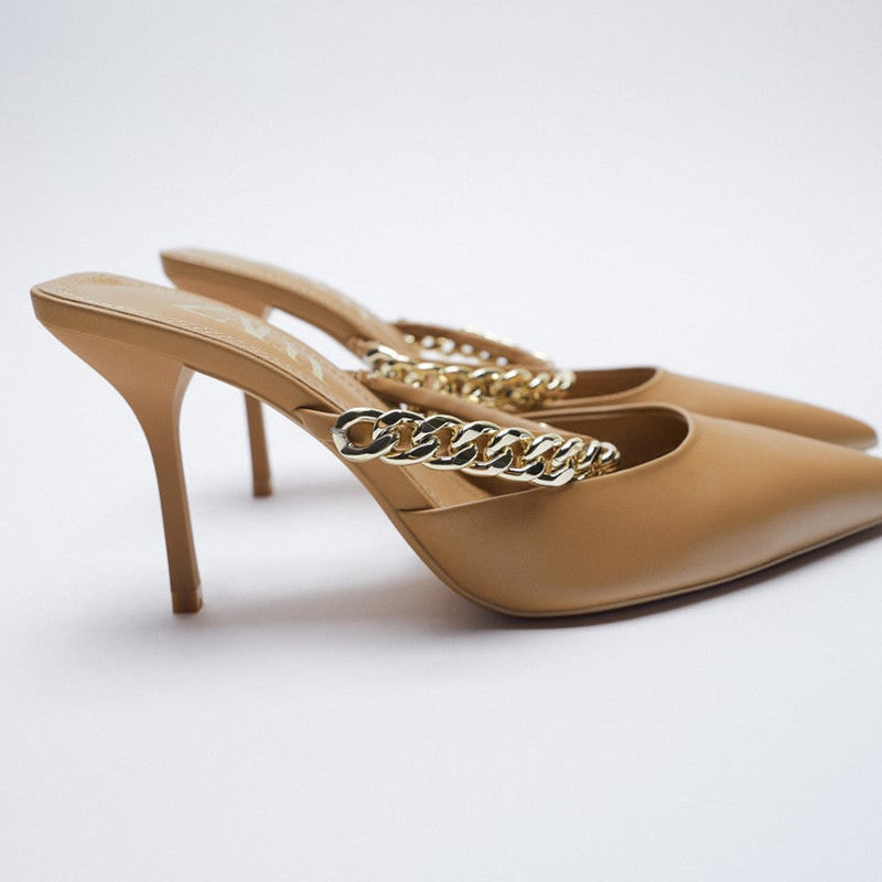 Finn Chain Pointed Toe Mule Closed Toe Sandals Women's Summer Stiletto Heel Pointed-Toe Semi-Slippers