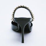 Finn Chain Pointed Toe Mule Closed Toe Sandals Women's Summer Stiletto Heel Pointed-Toe Semi-Slippers