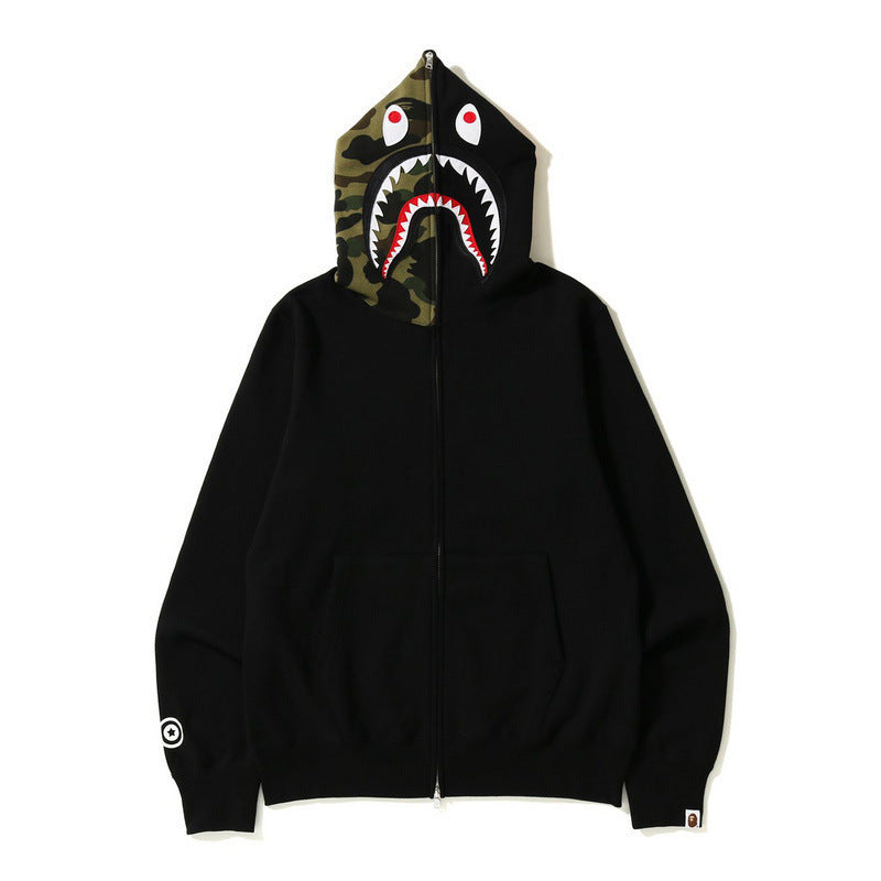 Bathing Ape Autumn and Winter Men's Cotton Shark Head Camouflage Patchwork Hoodie Fleece Jacket