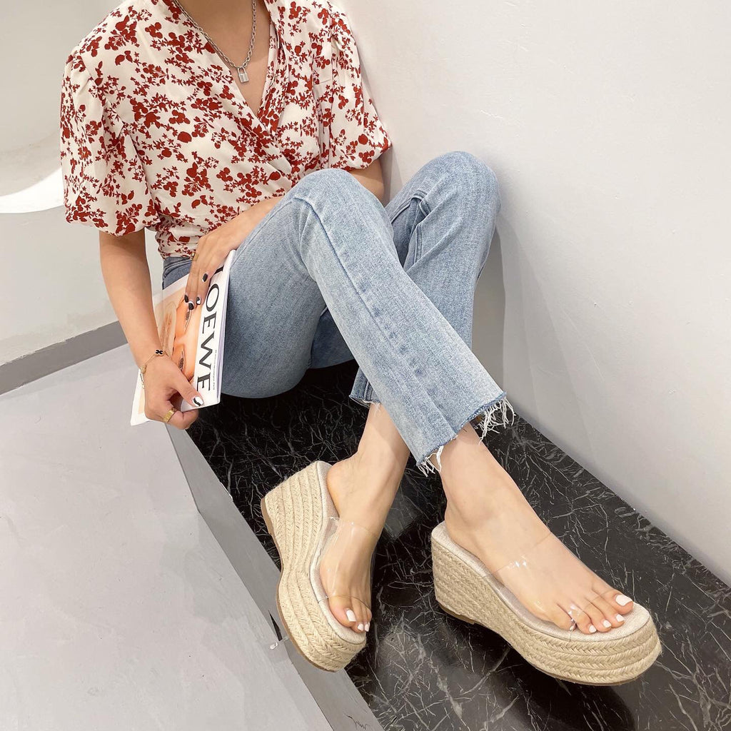 Platform Heels for Women Thick Bottom Woven Fish Mouth Increased By Transparent Slippers