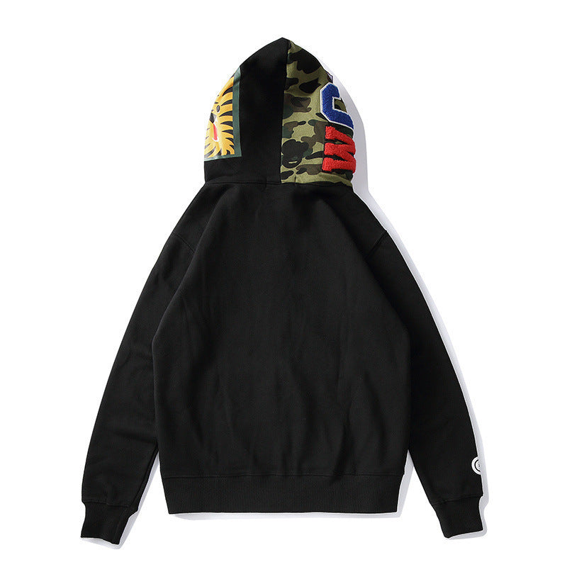 Bathing Ape Autumn and Winter Men's Cotton Shark Head Camouflage Patchwork Hoodie Fleece Jacket