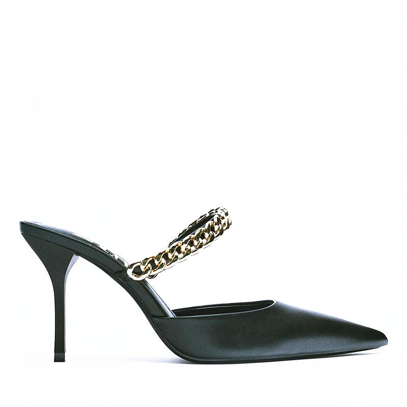 Finn Chain Pointed Toe Mule Closed Toe Sandals Women's Summer Stiletto Heel Pointed-Toe Semi-Slippers