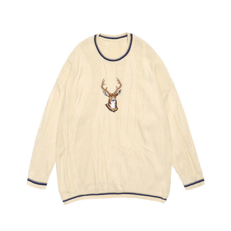 Men Sweater Deer Head Embroidered Knitted Sweater Men's Loose round Neck Sweater