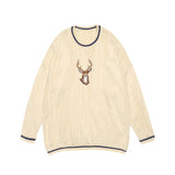 Men Sweater Deer Head Embroidered Knitted Sweater Men's Loose round Neck Sweater