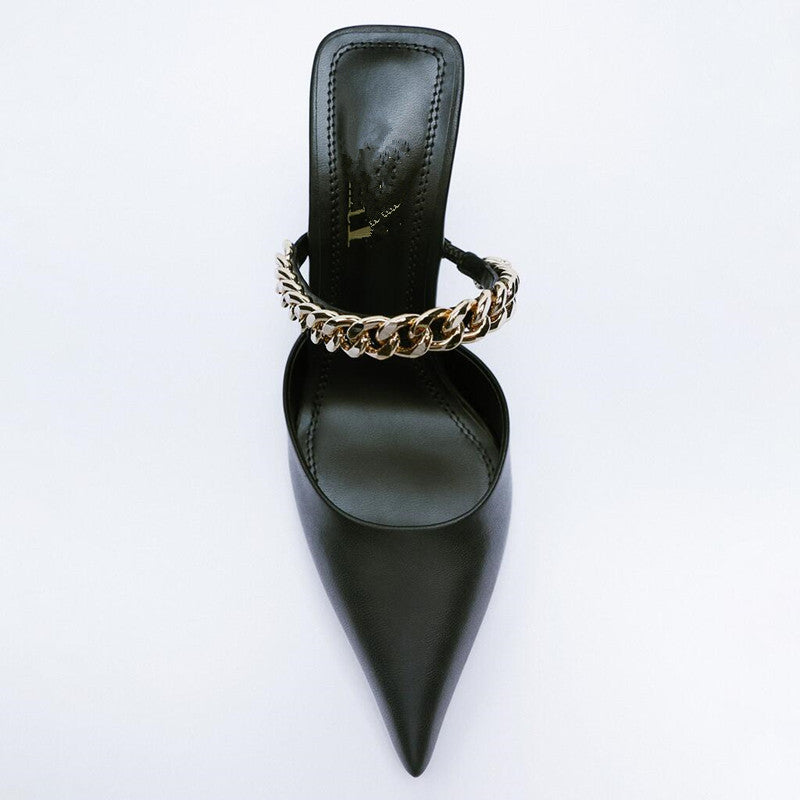 Finn Chain Pointed Toe Mule Closed Toe Sandals Women's Summer Stiletto Heel Pointed-Toe Semi-Slippers