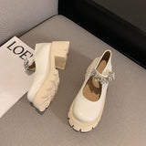 Platform Heels for Women Thick Bottom Chunky Heel Small Leather Shoes