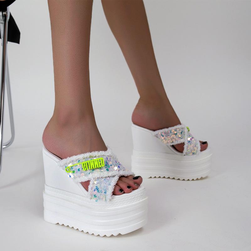 Platform Heels for Women Summer Fashion Thick Bottom Rose Word White Sandals
